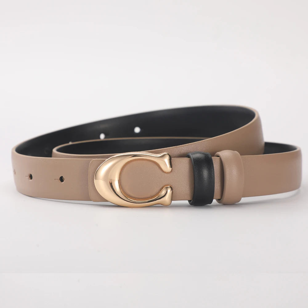 Women’s Fashion Belt with C-Shaped Buckle Double-Sided Leather Belt