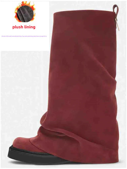 Women's Thick Sole Square Toe Pleated Knee High Boots