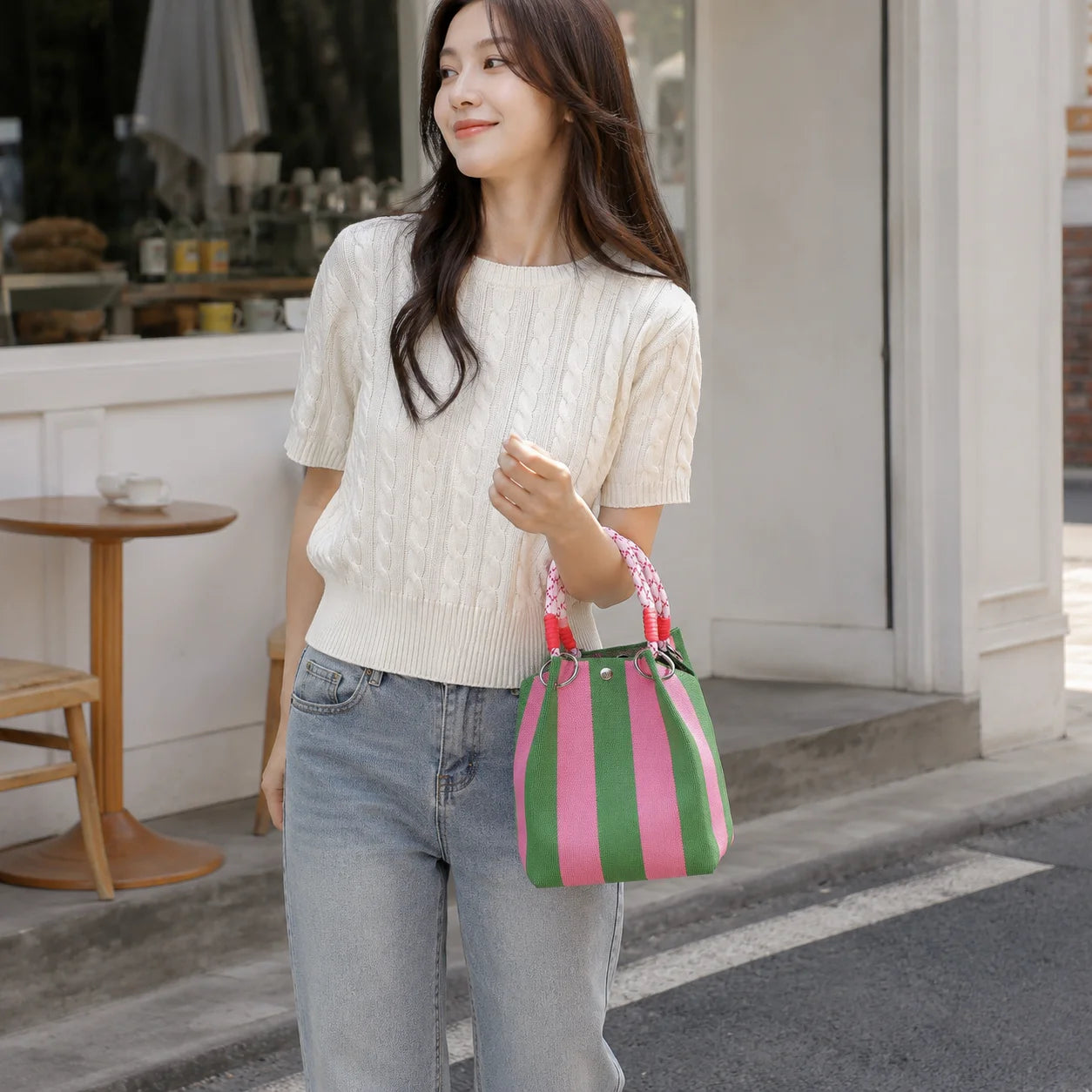 Mini Knit Striped Bucket Tote Bag for Women Summer Handbag