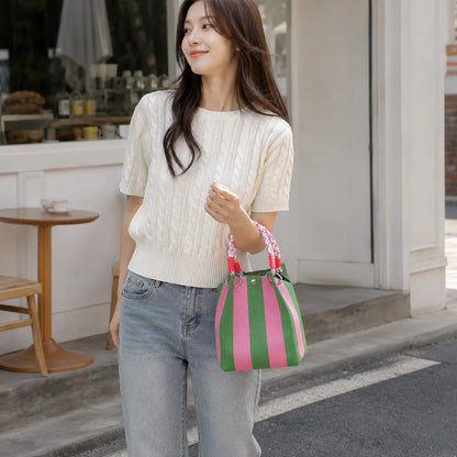 Mini Knit Striped Bucket Tote Bag for Women Summer Handbag