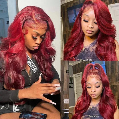 Women's 30 Inch 99J Burgundy Body Wave Human Hair Lace Front Wig