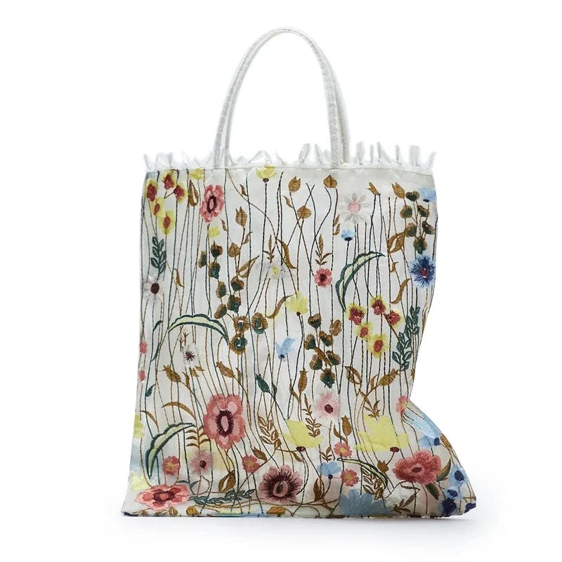 Embroidered Lace Flower Mesh Tote Bag for Women