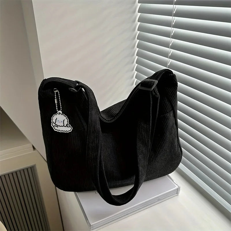 Women’s Corduroy Striped Tote Bag with Zipper Large Capacity Handbag