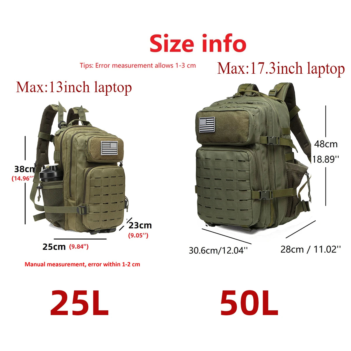 25L or 50L MOLLE Tactical Hiking Backpack with 2 Bottle Holders