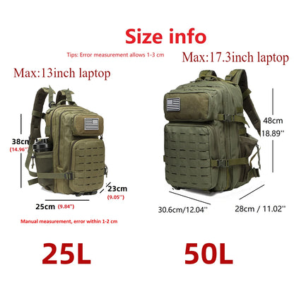 25L or 50L MOLLE Tactical Hiking Backpack with 2 Bottle Holders