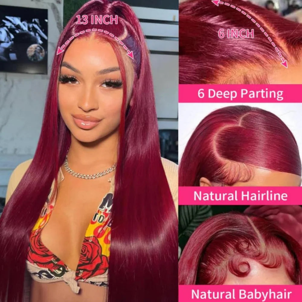 Women's 34 Inch 99J Burgundy Brazilian Human Hair Lace Front Wig