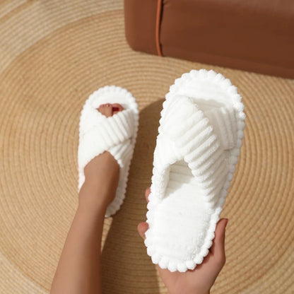 Women’s Corduroy Cross Band Plush Home Slippers Warm Indoor Slides