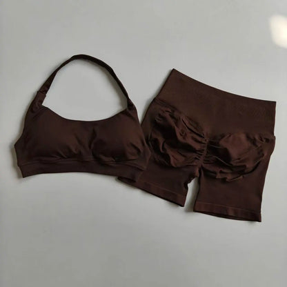 Women's Halter Sports Bra and High Waist Yoga Shorts Set
