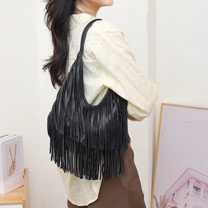 Women’s PU Leather Tassel Shoulder Hobo Bag Lightweight Casual Handbag