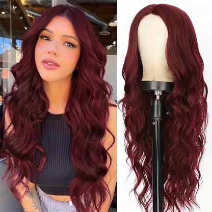 Women's Wine Red Long Curly Synthetic Wig with Bangs