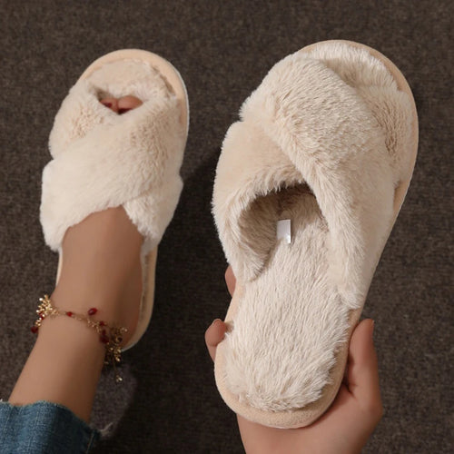 Women’s Fluffy Cross Band Plush Open Toe Slippers Warm Non Slip Shoes