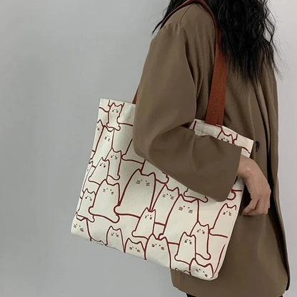 Cute Cat Graphic Canvas Tote Bag for Women & Girls