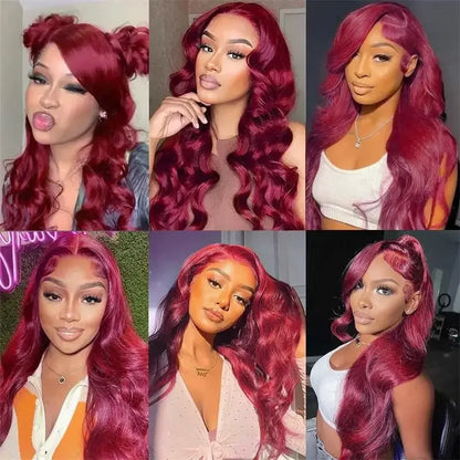 Women's 30 Inch 99J Burgundy Body Wave Human Hair Lace Front Wig