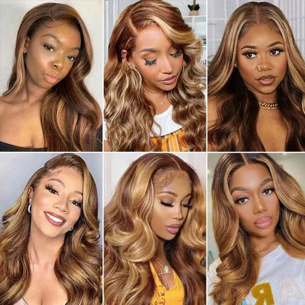 Women's 30 Inch Honey Blonde Highlight Body Wave Human Hair Lace Front Wig