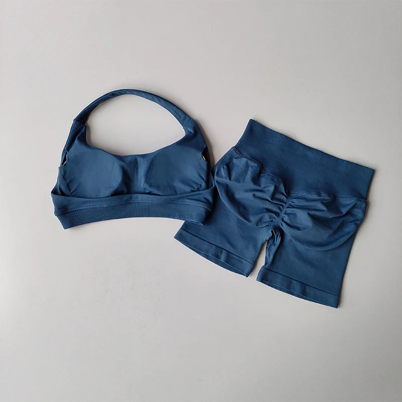 Women's Halter Sports Bra and High Waist Yoga Shorts Set