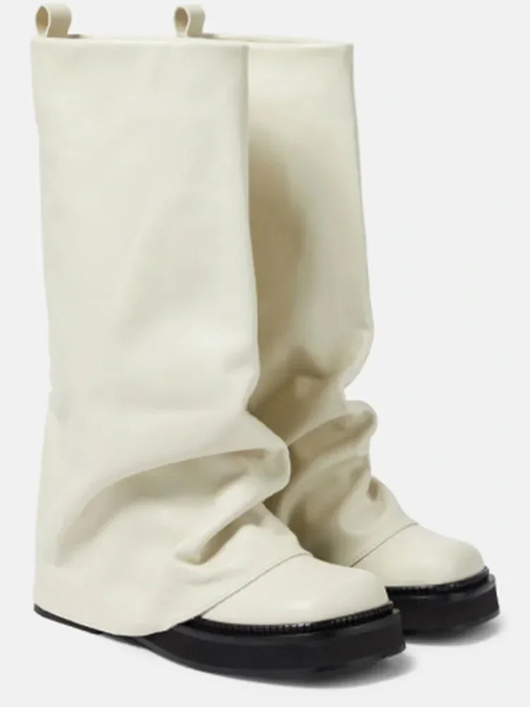 Women's Thick Sole Square Toe Pleated Knee High Boots