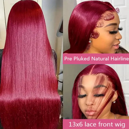 Women's 34 Inch 99J Burgundy Brazilian Human Hair Lace Front Wig