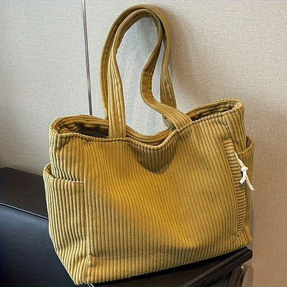 Large Corduroy Shoulder Tote Bag with Zipper for Women