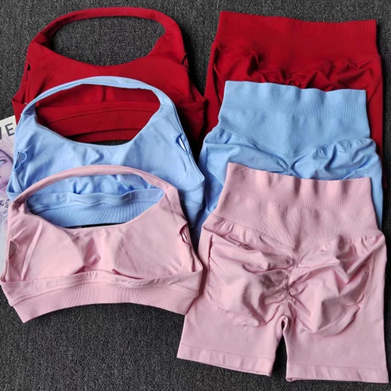 Women's 2 Piece Seamless Halter Sports Bra and Shorts Set