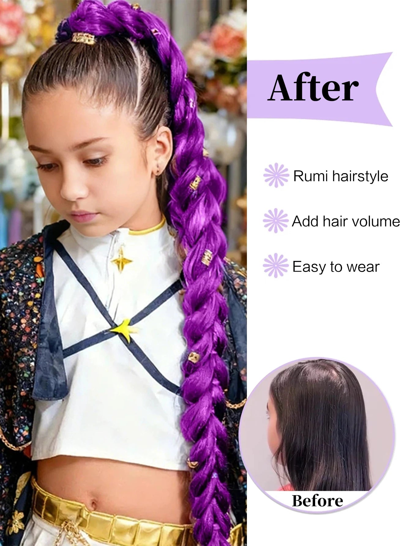32 Inch Purple Braided Ponytail Hair Extension with Tinsel