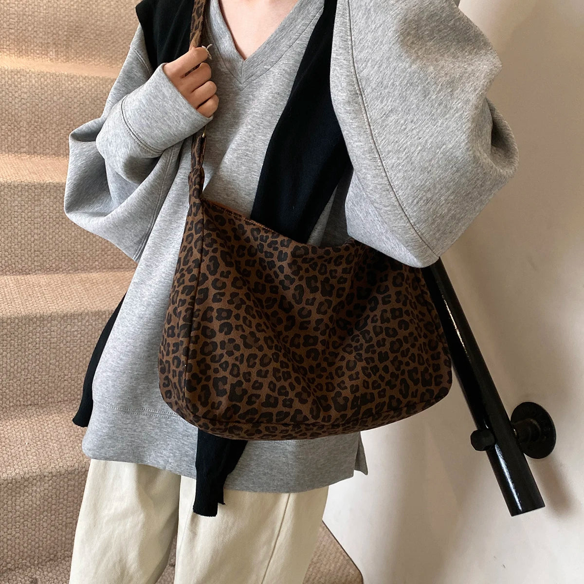 Women’s Leopard Print Soft Textile Shoulder Crossbody Bag Large Capacity