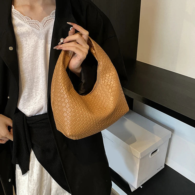 Women’s Woven Embossed PU Leather Hobo Shoulder Bag with Top Handle