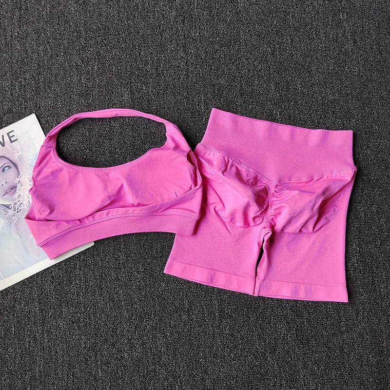 Women's 2 Piece Seamless Halter Sports Bra and Shorts Set
