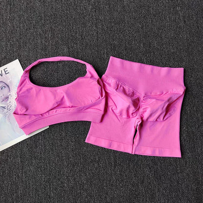 Women's 2 Piece Seamless Halter Sports Bra and Shorts Set