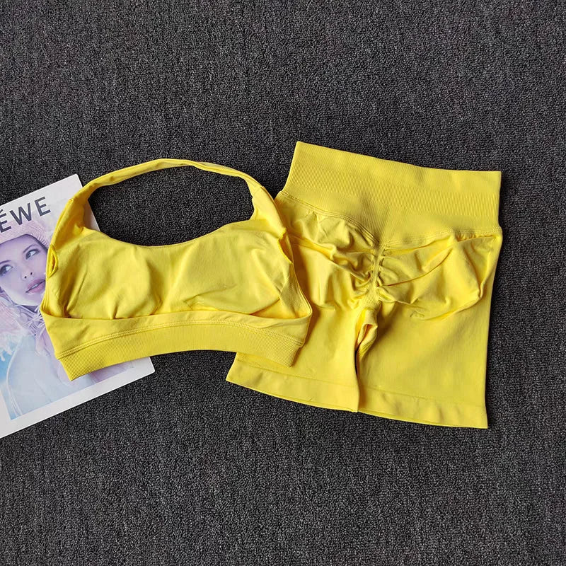 Women's 2 Piece Seamless Halter Sports Bra and Shorts Set