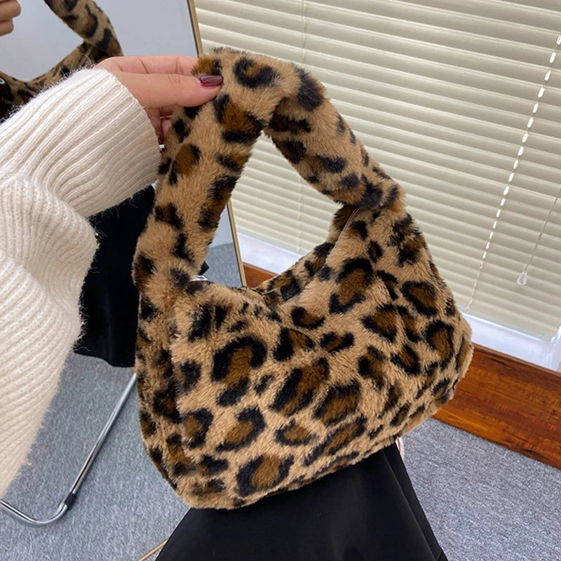 Leopard Print Plush Shoulder Tote Bag for Women Lipstick & Key Bag