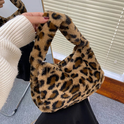 Leopard Print Plush Shoulder Tote Bag for Women Lipstick & Key Bag