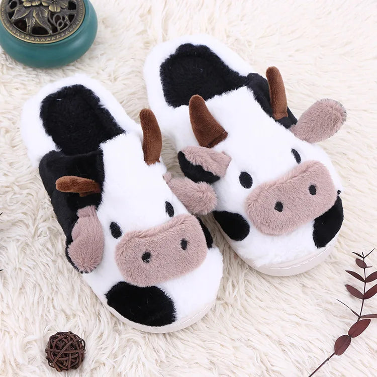 Unisex Cartoon Cow Warm Plush Indoor Slippers