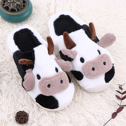 Unisex Cartoon Cow Warm Plush Indoor Slippers