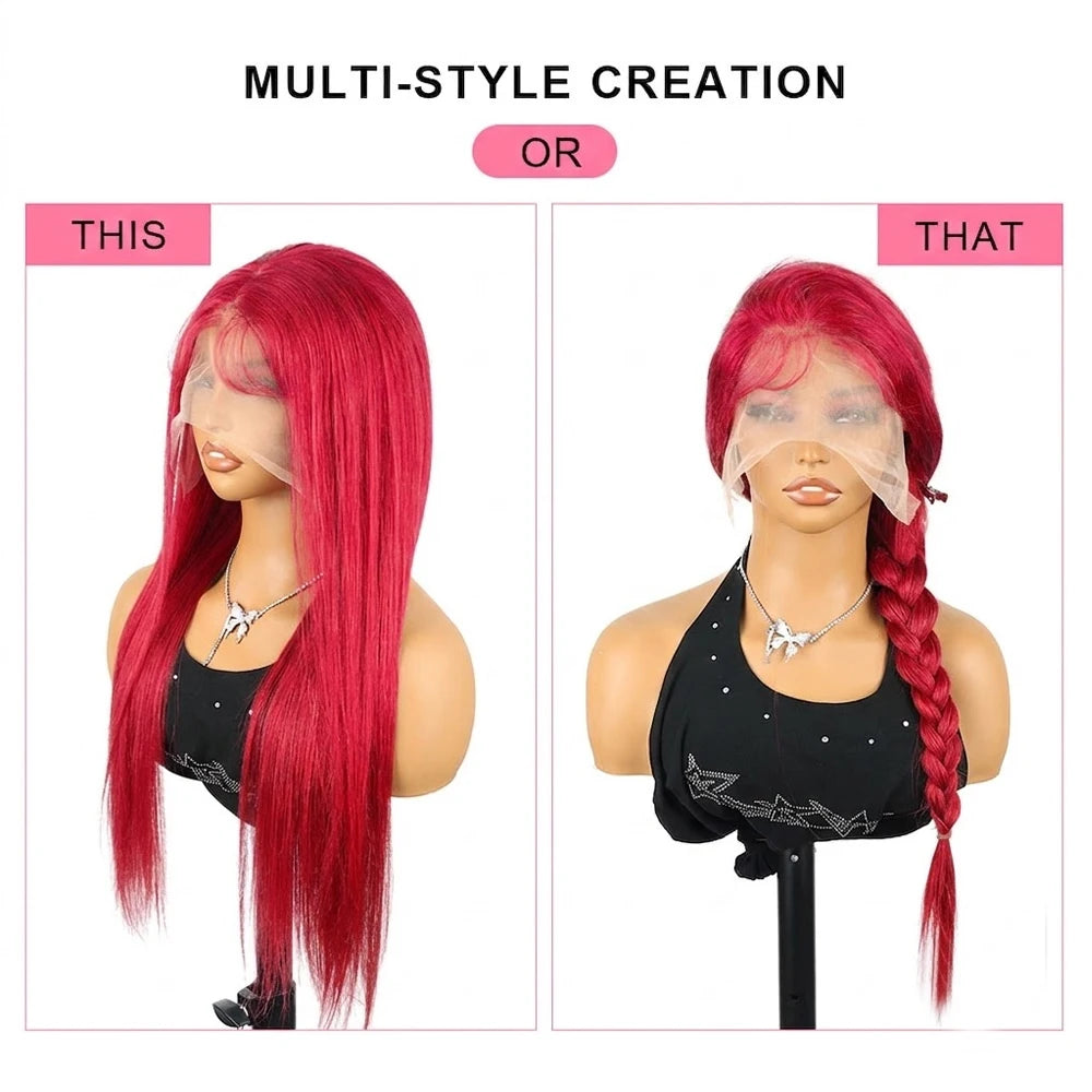 Women's 32 to 36 Inch 99J Burgundy Straight HD Lace Front Human Hair Wig