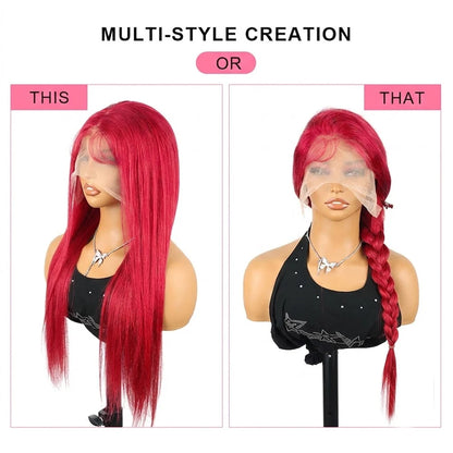 Women's 32 to 36 Inch 99J Burgundy Straight HD Lace Front Human Hair Wig