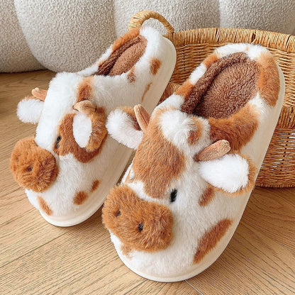 Cute Cartoon Cow Plush Platform Slippers for Women Winter Home Shoes
