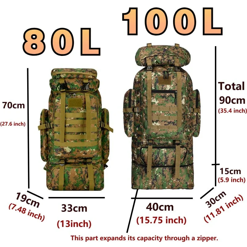 80L or 100L Large Capacity Tactical Hiking Backpack