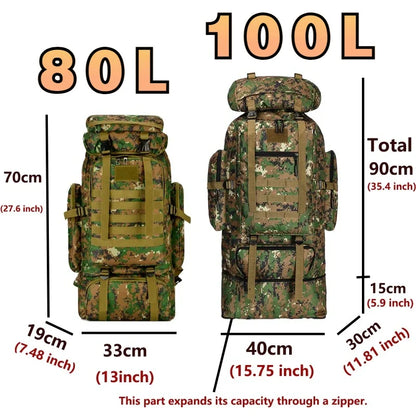 80L or 100L Large Capacity Tactical Hiking Backpack