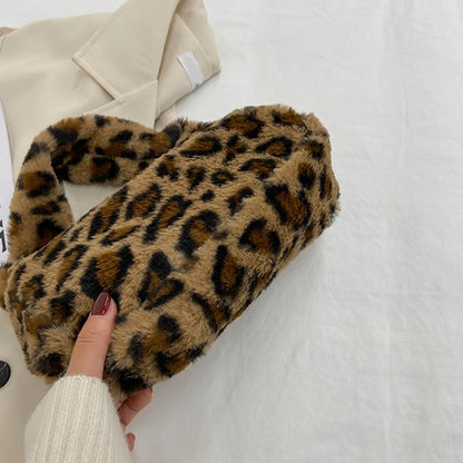 Leopard Print Plush Shoulder Tote Bag for Women Lipstick & Key Bag