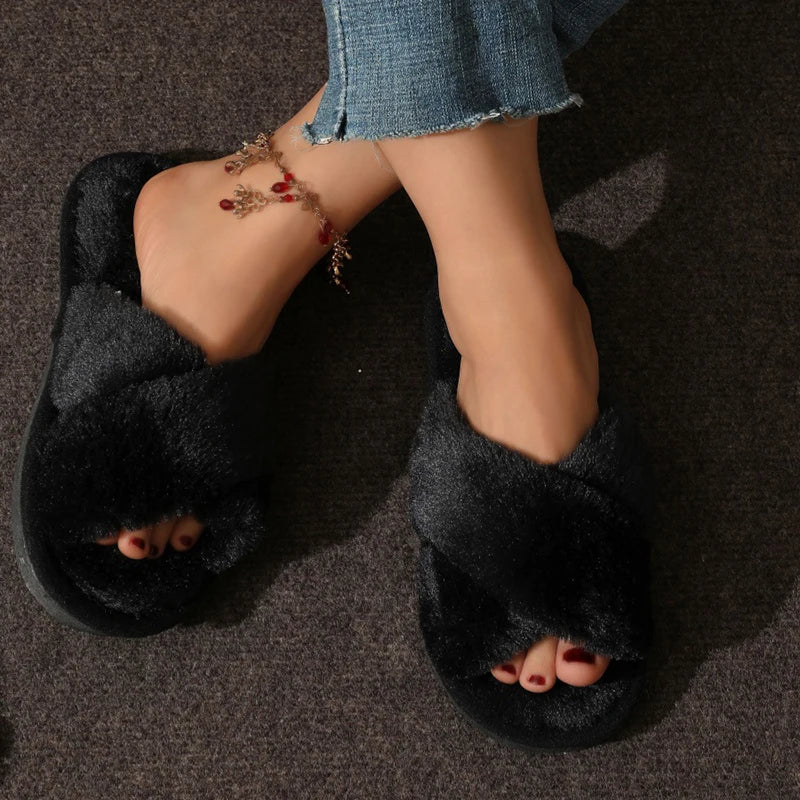 Women’s Fluffy Cross Band Plush Open Toe Slippers Warm Non Slip Shoes
