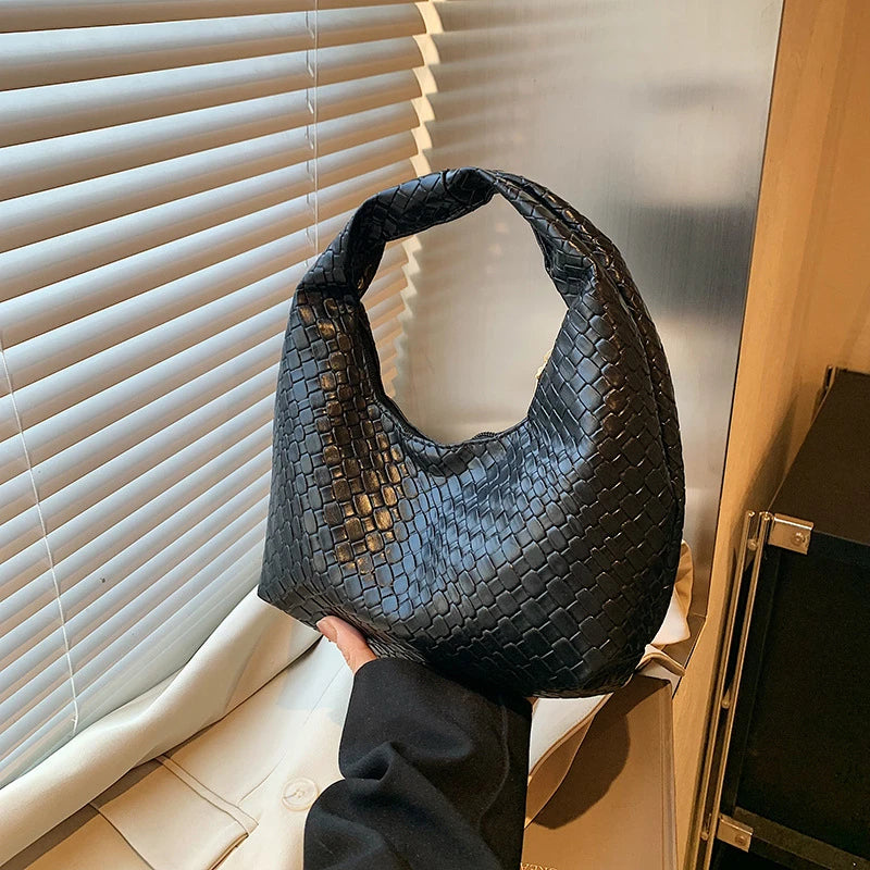 Women’s Woven Embossed PU Leather Hobo Shoulder Bag with Top Handle