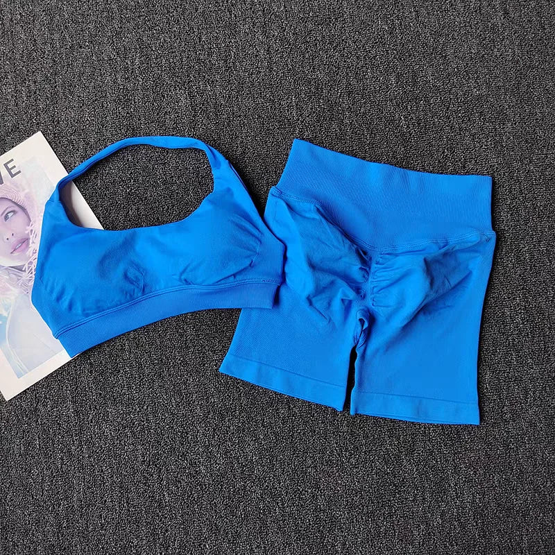 Women's 2 Piece Seamless Halter Sports Bra and Shorts Set