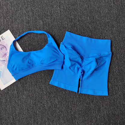 Women's 2 Piece Seamless Halter Sports Bra and Shorts Set