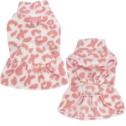 Leopard Fleece Dog Dress Hoodie for Small Dogs Winter Pet Clothing