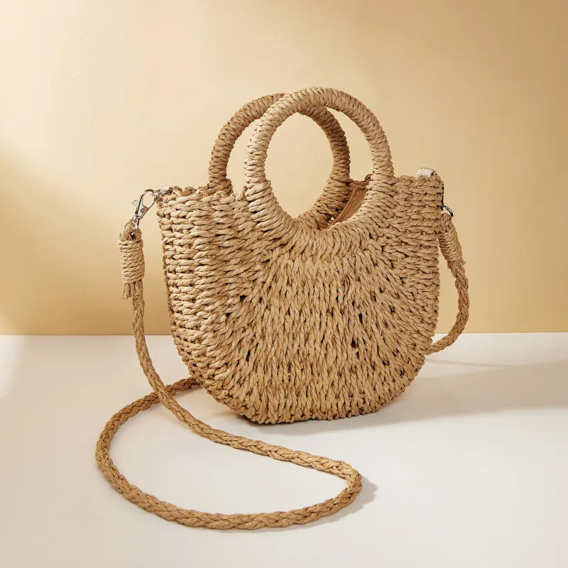 Women’s Woven Straw Rattan Half Moon Beach Tote Bag