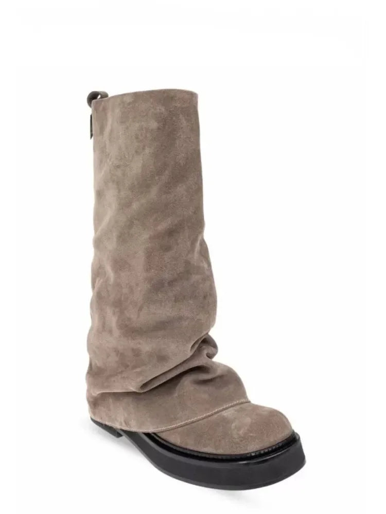Women's Thick Sole Square Toe Pleated Knee High Boots