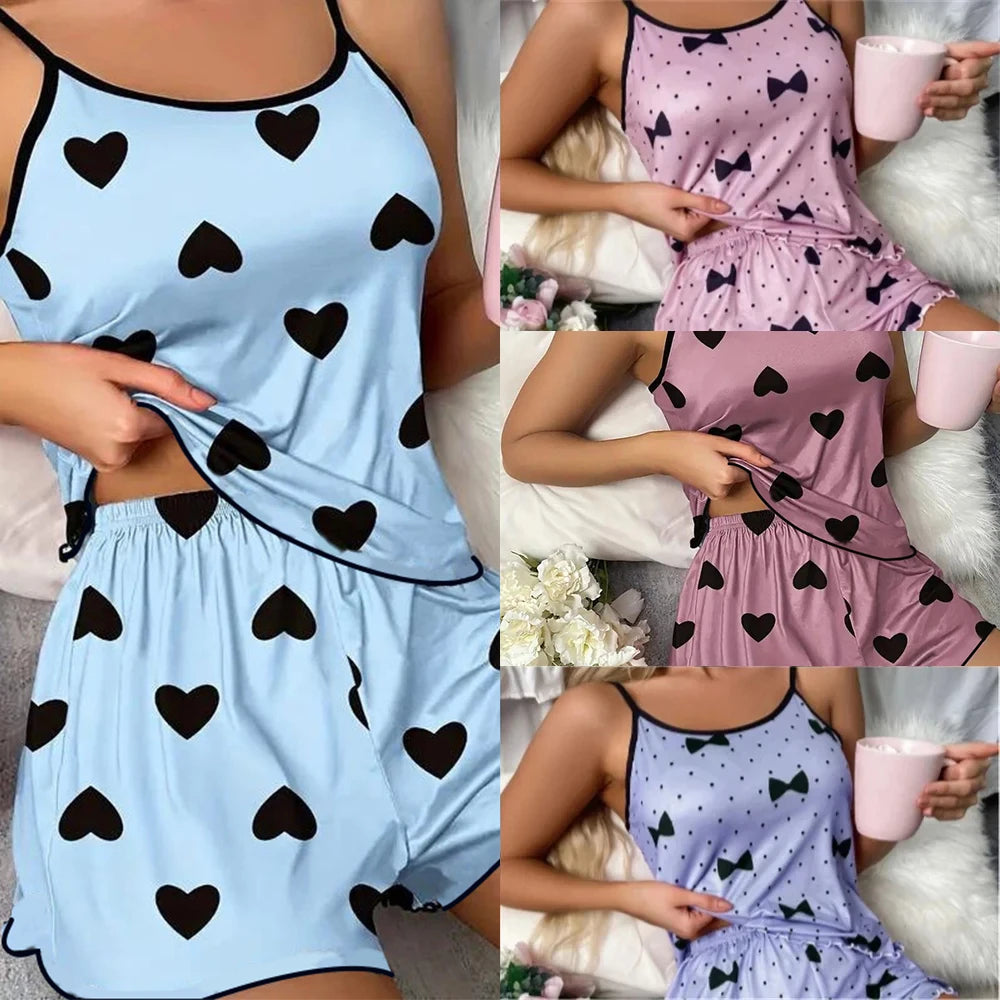 Women’s Pink Heart Print Pajama Set T Shirt & Shorts