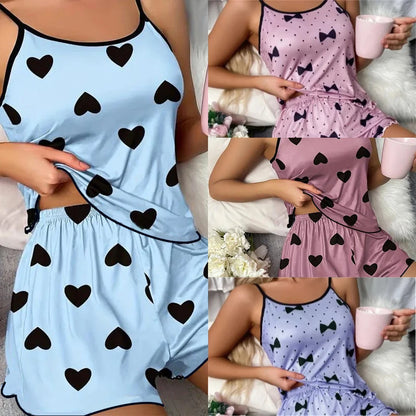 Women’s Pink Heart Print Pajama Set T Shirt & Shorts