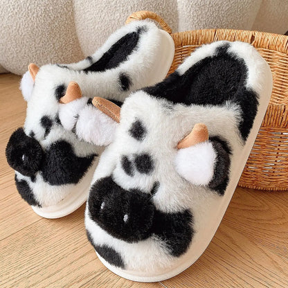 Cute Cartoon Cow Plush Platform Slippers for Women Winter Home Shoes