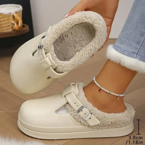 Women’s Waterproof Plush Mules with Metal Buckle Warm Winter Slippers